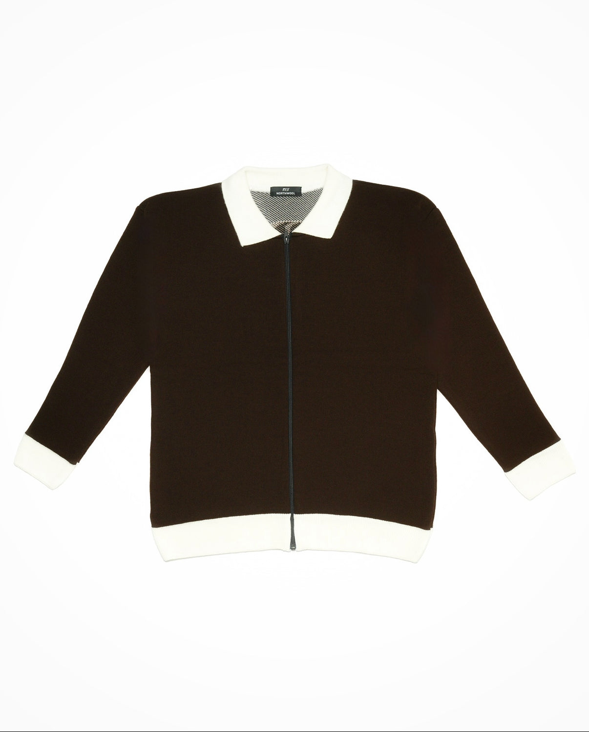 brown jacket with white trim on a white background