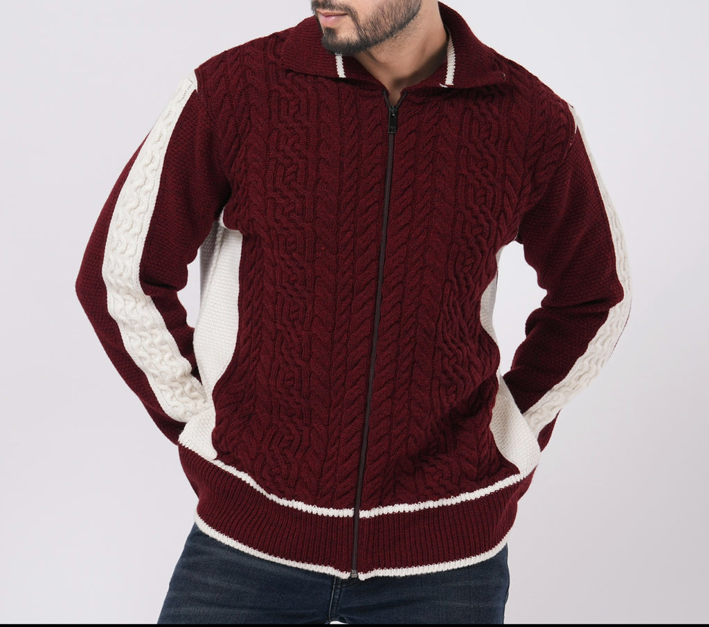 CABLE KNITTED DEEP CRIMSON ZIPPER