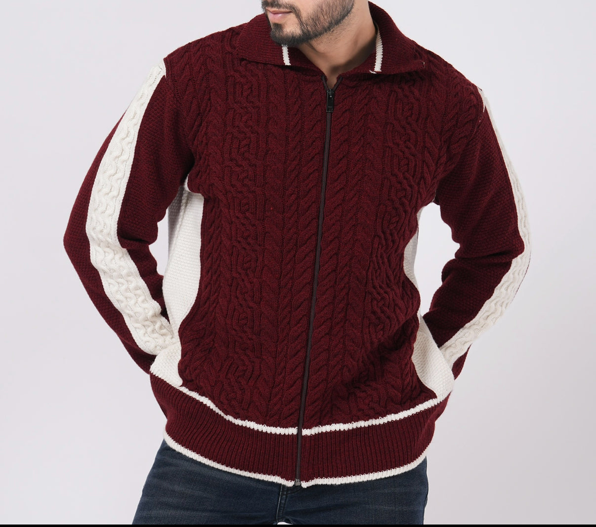 CABLE KNITTED DEEP CRIMSON ZIPPER