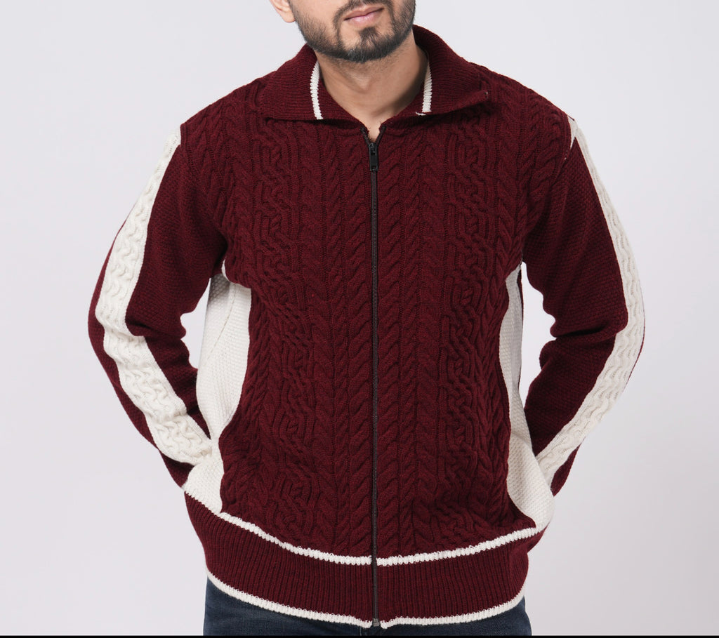 CABLE KNITTED DEEP CRIMSON ZIPPER
