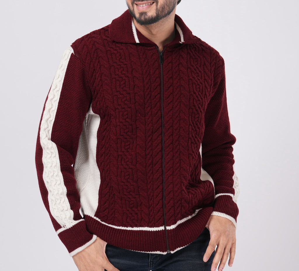 CABLE KNITTED DEEP CRIMSON ZIPPER