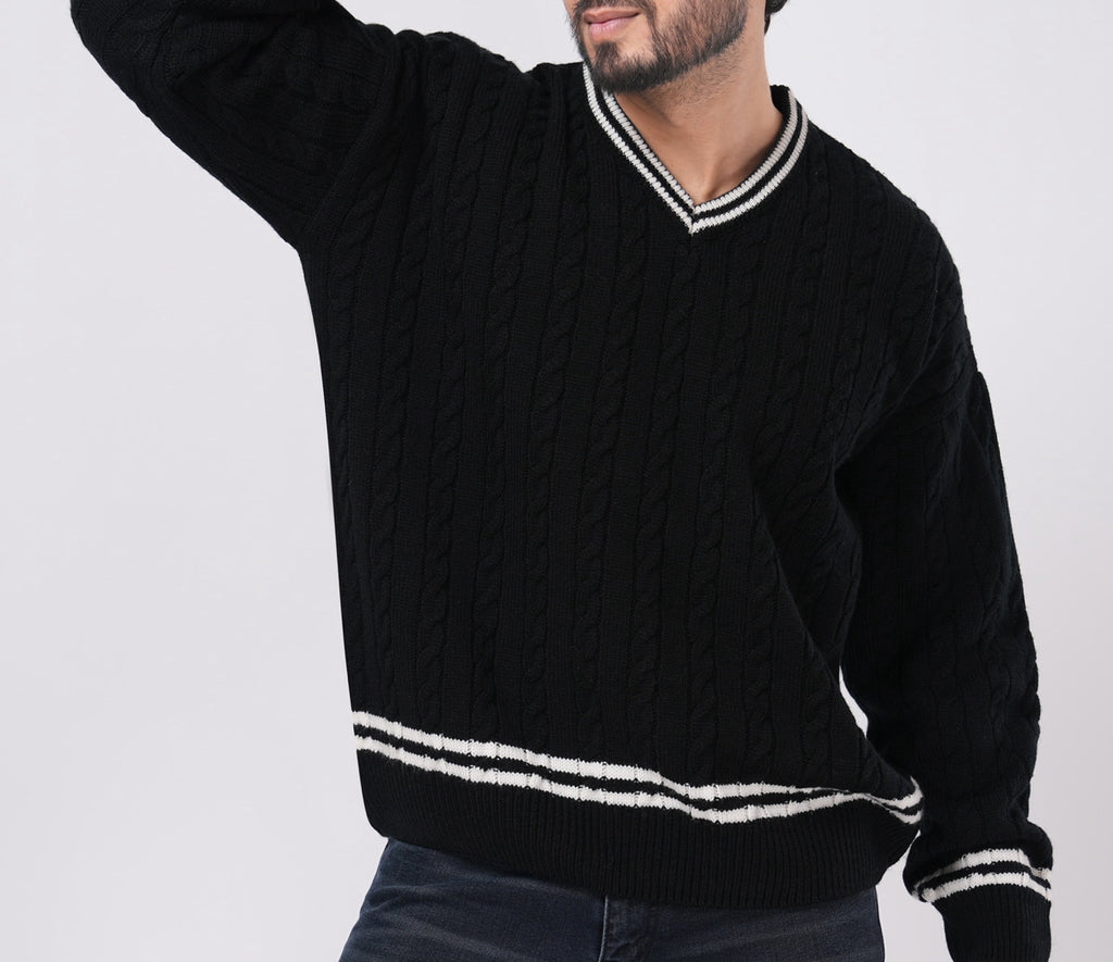 BLACK CABLE KNITTED TENNIS SWEATER