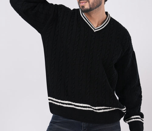BLACK CABLE KNITTED TENNIS SWEATER